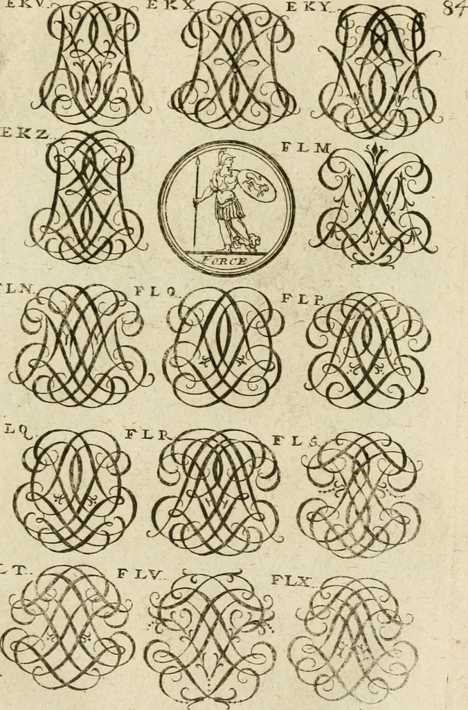 An illustration from Recueil d'emblêmes, devises, medailles, et figures hieroglyphiques, au nombre de plus de douze cent, avec leurs explications : accompagné de plus de deux mille chiffres fleuronnez simples, doubles & triples ... : cet ouvrage qui est enrichy de deux cens cinquante planches en taille-douce, est très-utile aux graveurs, peintres, sculpteurs, orfevres, brodeurs, serruriers & à tous ceux qui travaillent au dessein, 1724, leaf 242