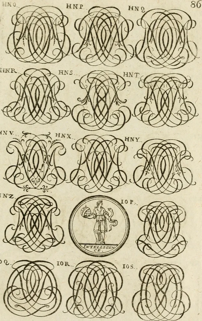 An illustration from Recueil d'emblêmes, devises, medailles, et figures hieroglyphiques, au nombre de plus de douze cent, avec leurs explications : accompagné de plus de deux mille chiffres fleuronnez simples, doubles & triples ... : cet ouvrage qui est enrichy de deux cens cinquante planches en taille-douce, est très-utile aux graveurs, peintres, sculpteurs, orfevres, brodeurs, serruriers & à tous ceux qui travaillent au dessein, 1724, leaf 244