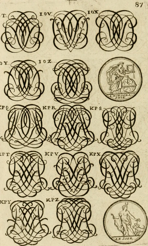 An illustration from Recueil d'emblêmes, devises, medailles, et figures hieroglyphiques, au nombre de plus de douze cent, avec leurs explications : accompagné de plus de deux mille chiffres fleuronnez simples, doubles & triples ... : cet ouvrage qui est enrichy de deux cens cinquante planches en taille-douce, est très-utile aux graveurs, peintres, sculpteurs, orfevres, brodeurs, serruriers & à tous ceux qui travaillent au dessein, 1724, leaf 245