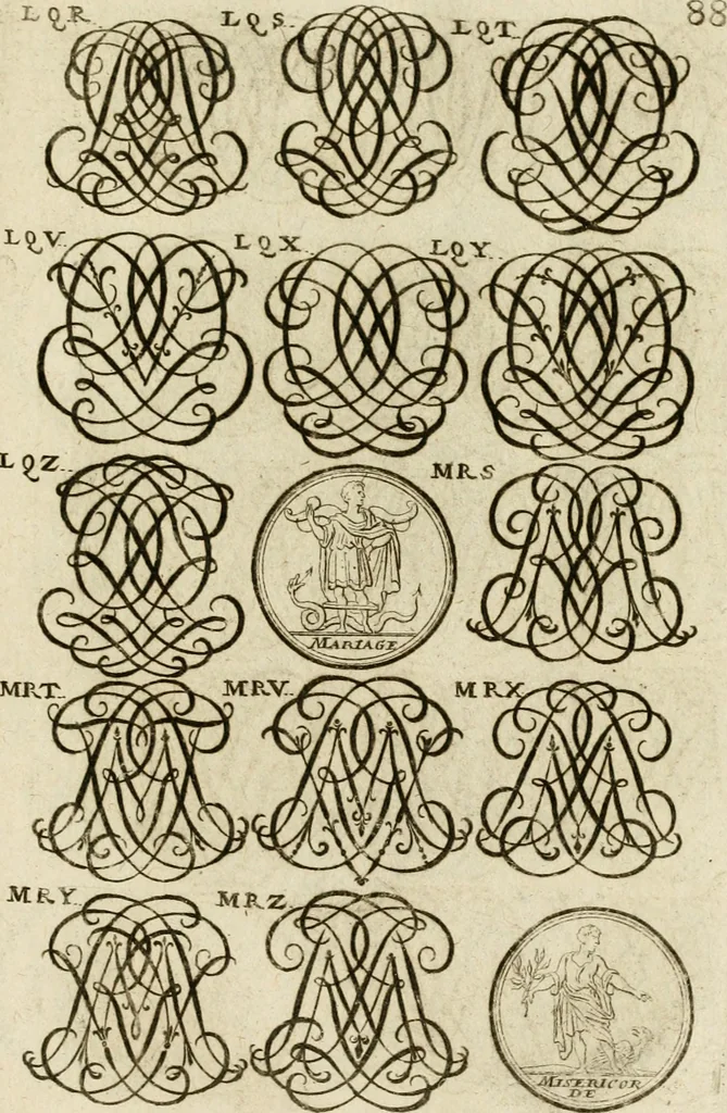 An illustration from Recueil d'emblêmes, devises, medailles, et figures hieroglyphiques, au nombre de plus de douze cent, avec leurs explications : accompagné de plus de deux mille chiffres fleuronnez simples, doubles & triples ... : cet ouvrage qui est enrichy de deux cens cinquante planches en taille-douce, est très-utile aux graveurs, peintres, sculpteurs, orfevres, brodeurs, serruriers & à tous ceux qui travaillent au dessein, 1724, leaf 246