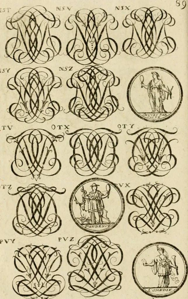 An illustration from Recueil d'emblêmes, devises, medailles, et figures hieroglyphiques, au nombre de plus de douze cent, avec leurs explications : accompagné de plus de deux mille chiffres fleuronnez simples, doubles & triples ... : cet ouvrage qui est enrichy de deux cens cinquante planches en taille-douce, est très-utile aux graveurs, peintres, sculpteurs, orfevres, brodeurs, serruriers & à tous ceux qui travaillent au dessein, 1724, leaf 247