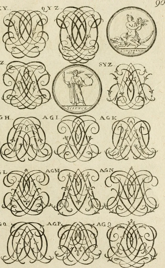 An illustration from Recueil d'emblêmes, devises, medailles, et figures hieroglyphiques, au nombre de plus de douze cent, avec leurs explications : accompagné de plus de deux mille chiffres fleuronnez simples, doubles & triples ... : cet ouvrage qui est enrichy de deux cens cinquante planches en taille-douce, est très-utile aux graveurs, peintres, sculpteurs, orfevres, brodeurs, serruriers & à tous ceux qui travaillent au dessein, 1724, leaf 248