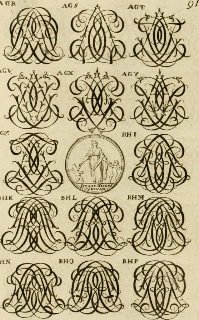 An illustration from Recueil d'emblêmes, devises, medailles, et figures hieroglyphiques, au nombre de plus de douze cent, avec leurs explications : accompagné de plus de deux mille chiffres fleuronnez simples, doubles & triples ... : cet ouvrage qui est enrichy de deux cens cinquante planches en taille-douce, est très-utile aux graveurs, peintres, sculpteurs, orfevres, brodeurs, serruriers & à tous ceux qui travaillent au dessein, 1724, leaf 249