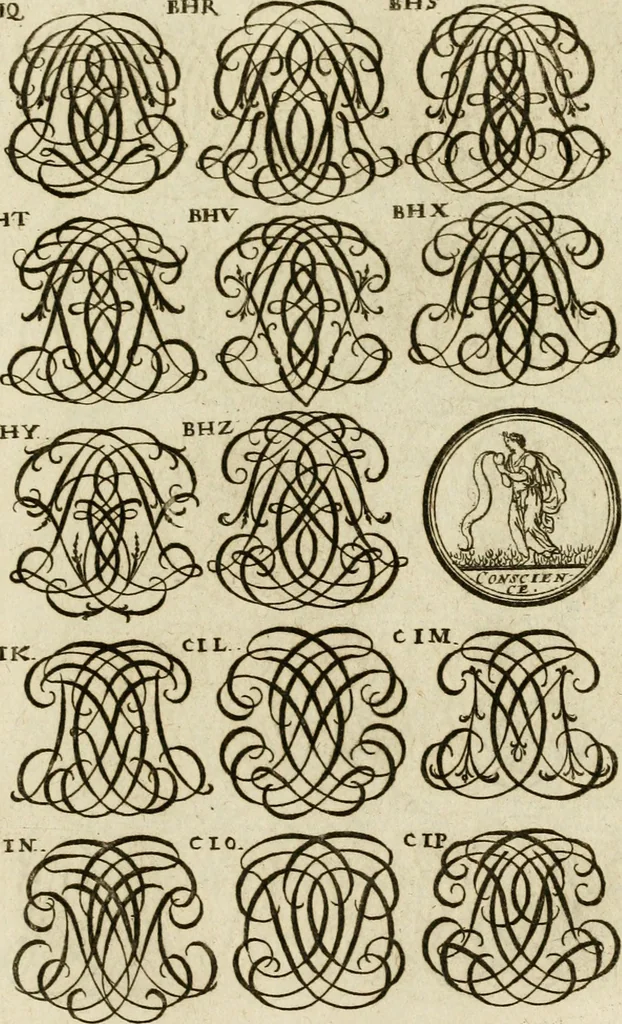An illustration from Recueil d'emblêmes, devises, medailles, et figures hieroglyphiques, au nombre de plus de douze cent, avec leurs explications : accompagné de plus de deux mille chiffres fleuronnez simples, doubles & triples ... : cet ouvrage qui est enrichy de deux cens cinquante planches en taille-douce, est très-utile aux graveurs, peintres, sculpteurs, orfevres, brodeurs, serruriers & à tous ceux qui travaillent au dessein, 1724, leaf 250