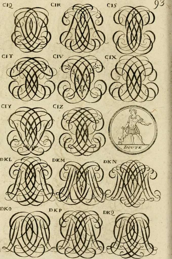 An illustration from Recueil d'emblêmes, devises, medailles, et figures hieroglyphiques, au nombre de plus de douze cent, avec leurs explications : accompagné de plus de deux mille chiffres fleuronnez simples, doubles & triples ... : cet ouvrage qui est enrichy de deux cens cinquante planches en taille-douce, est très-utile aux graveurs, peintres, sculpteurs, orfevres, brodeurs, serruriers & à tous ceux qui travaillent au dessein, 1724, leaf 251