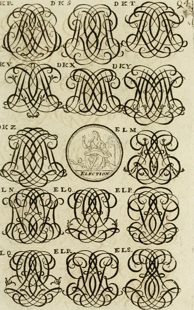 An illustration from Recueil d'emblêmes, devises, medailles, et figures hieroglyphiques, au nombre de plus de douze cent, avec leurs explications : accompagné de plus de deux mille chiffres fleuronnez simples, doubles & triples ... : cet ouvrage qui est enrichy de deux cens cinquante planches en taille-douce, est très-utile aux graveurs, peintres, sculpteurs, orfevres, brodeurs, serruriers & à tous ceux qui travaillent au dessein, 1724, leaf 252