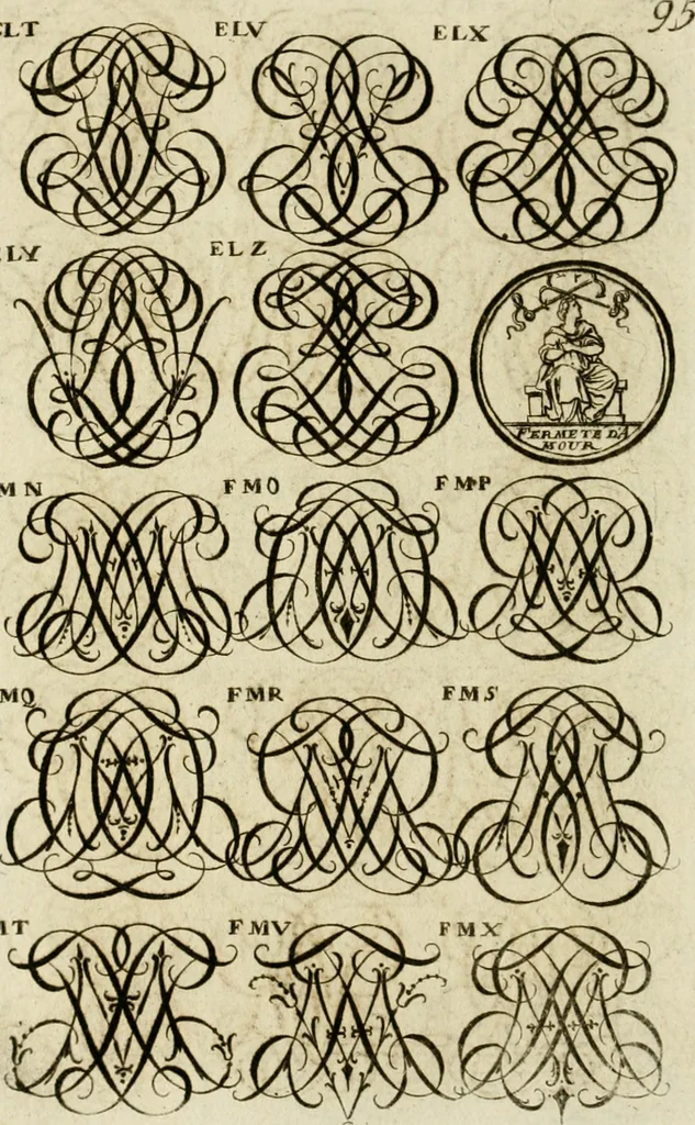 An illustration from Recueil d'emblêmes, devises, medailles, et figures hieroglyphiques, au nombre de plus de douze cent, avec leurs explications : accompagné de plus de deux mille chiffres fleuronnez simples, doubles & triples ... : cet ouvrage qui est enrichy de deux cens cinquante planches en taille-douce, est très-utile aux graveurs, peintres, sculpteurs, orfevres, brodeurs, serruriers & à tous ceux qui travaillent au dessein, 1724, leaf 253
