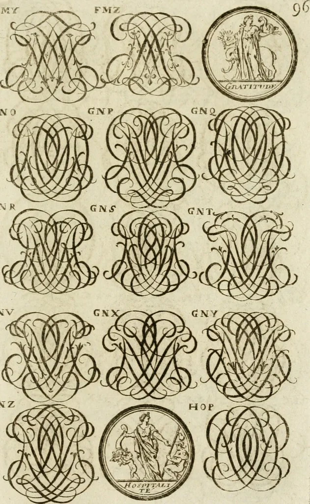 An illustration from Recueil d'emblêmes, devises, medailles, et figures hieroglyphiques, au nombre de plus de douze cent, avec leurs explications : accompagné de plus de deux mille chiffres fleuronnez simples, doubles & triples ... : cet ouvrage qui est enrichy de deux cens cinquante planches en taille-douce, est très-utile aux graveurs, peintres, sculpteurs, orfevres, brodeurs, serruriers & à tous ceux qui travaillent au dessein, 1724, leaf 254