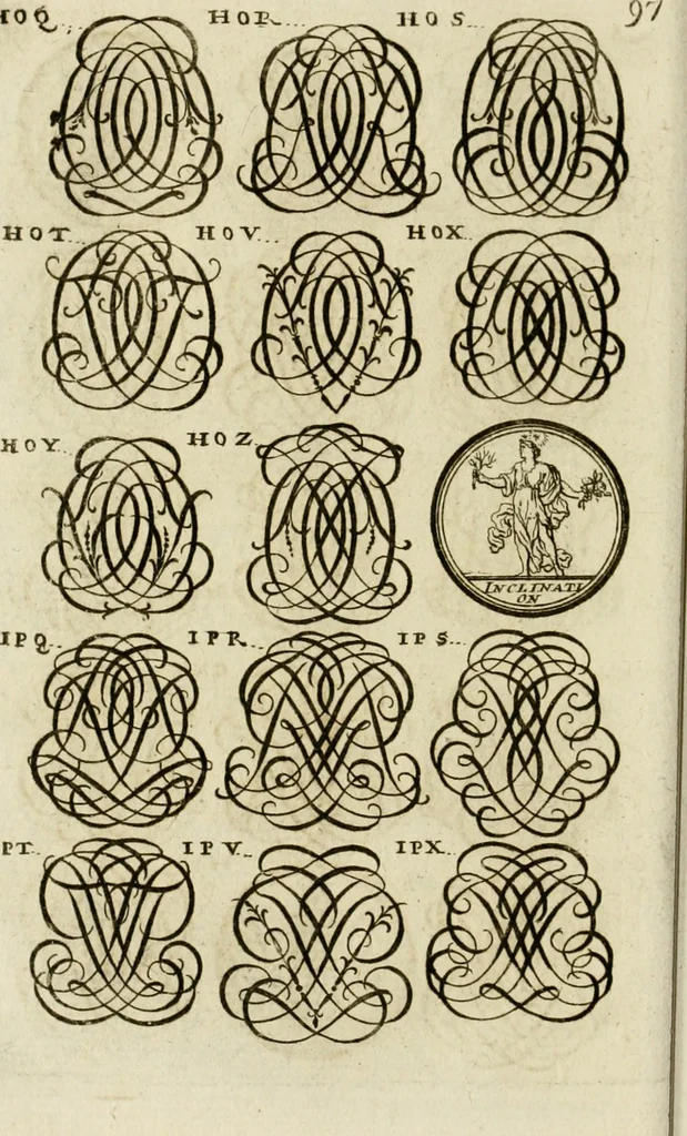 An illustration from Recueil d'emblêmes, devises, medailles, et figures hieroglyphiques, au nombre de plus de douze cent, avec leurs explications : accompagné de plus de deux mille chiffres fleuronnez simples, doubles & triples ... : cet ouvrage qui est enrichy de deux cens cinquante planches en taille-douce, est très-utile aux graveurs, peintres, sculpteurs, orfevres, brodeurs, serruriers & à tous ceux qui travaillent au dessein, 1724, leaf 255