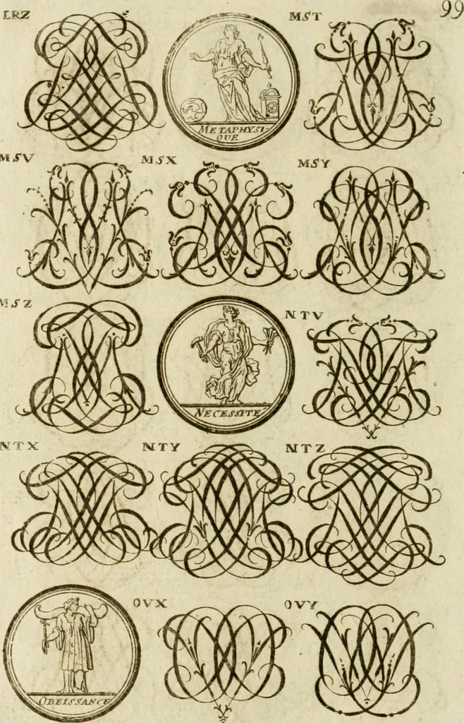 An illustration from Recueil d'emblêmes, devises, medailles, et figures hieroglyphiques, au nombre de plus de douze cent, avec leurs explications : accompagné de plus de deux mille chiffres fleuronnez simples, doubles & triples ... : cet ouvrage qui est enrichy de deux cens cinquante planches en taille-douce, est très-utile aux graveurs, peintres, sculpteurs, orfevres, brodeurs, serruriers & à tous ceux qui travaillent au dessein, 1724, leaf 257