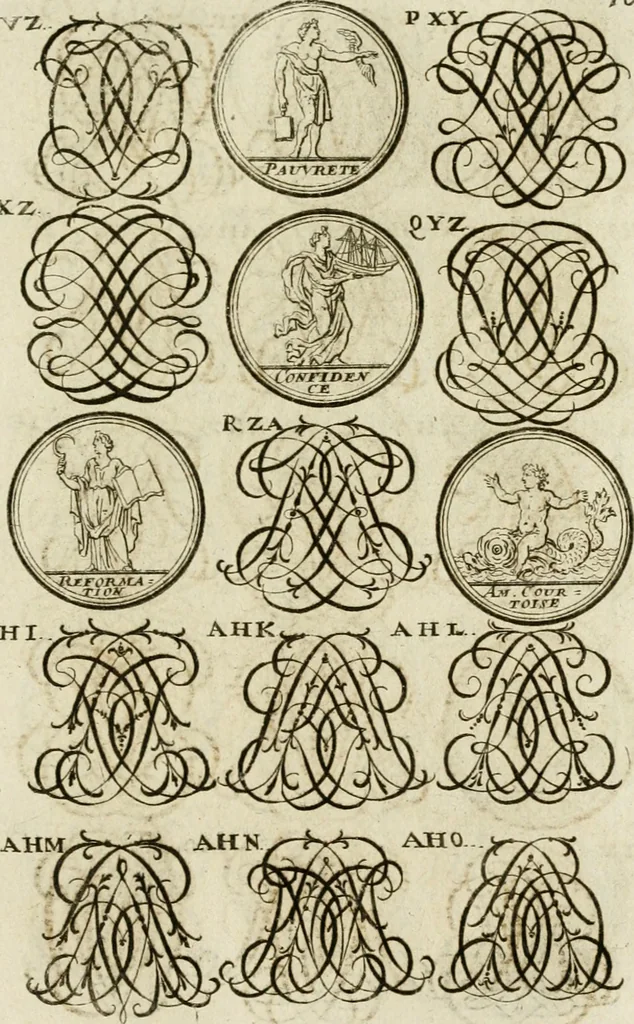 An illustration from Recueil d'emblêmes, devises, medailles, et figures hieroglyphiques, au nombre de plus de douze cent, avec leurs explications : accompagné de plus de deux mille chiffres fleuronnez simples, doubles & triples ... : cet ouvrage qui est enrichy de deux cens cinquante planches en taille-douce, est très-utile aux graveurs, peintres, sculpteurs, orfevres, brodeurs, serruriers & à tous ceux qui travaillent au dessein, 1724, leaf 258