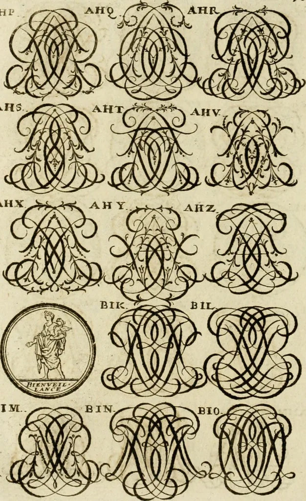 An illustration from Recueil d'emblêmes, devises, medailles, et figures hieroglyphiques, au nombre de plus de douze cent, avec leurs explications : accompagné de plus de deux mille chiffres fleuronnez simples, doubles & triples ... : cet ouvrage qui est enrichy de deux cens cinquante planches en taille-douce, est très-utile aux graveurs, peintres, sculpteurs, orfevres, brodeurs, serruriers & à tous ceux qui travaillent au dessein, 1724, leaf 259