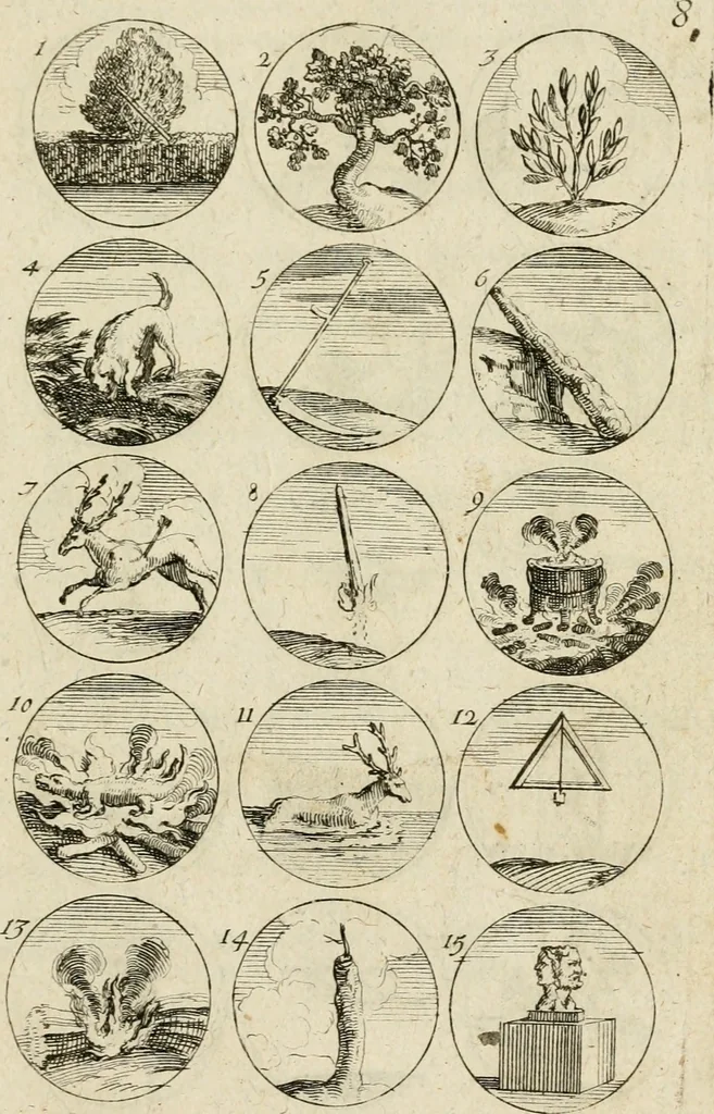 An illustration from Recueil d'emblêmes, devises, medailles, et figures hieroglyphiques, au nombre de plus de douze cent, avec leurs explications : accompagné de plus de deux mille chiffres fleuronnez simples, doubles & triples ... : cet ouvrage qui est enrichy de deux cens cinquante planches en taille-douce, est très-utile aux graveurs, peintres, sculpteurs, orfevres, brodeurs, serruriers & à tous ceux qui travaillent au dessein, 1724, leaf 26