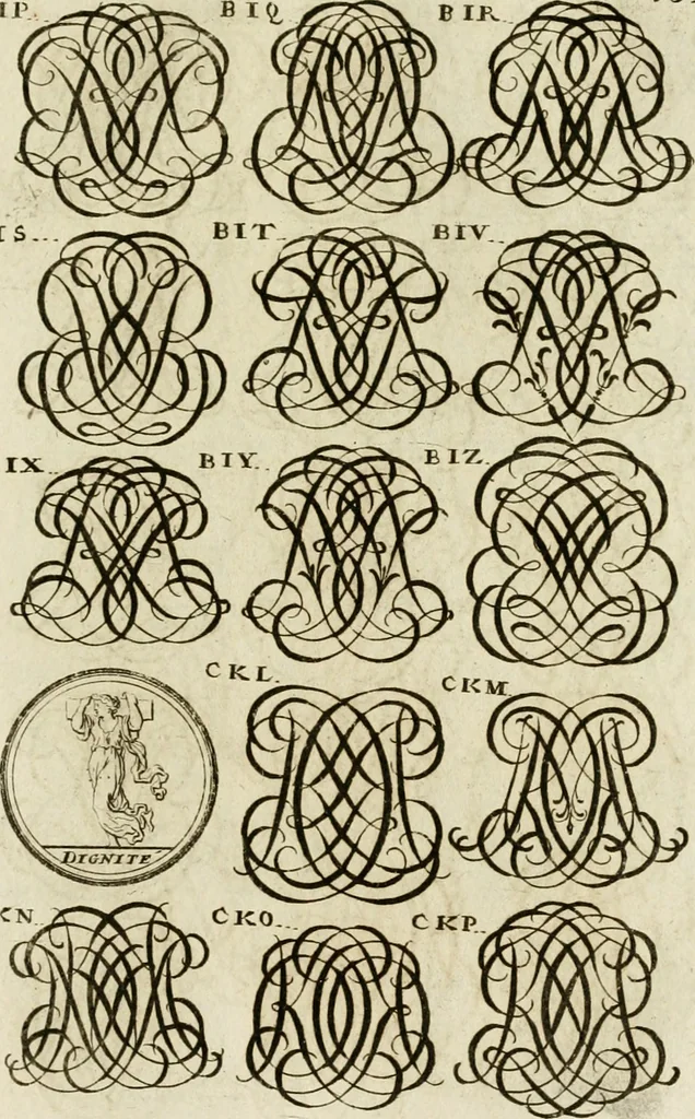 An illustration from Recueil d'emblêmes, devises, medailles, et figures hieroglyphiques, au nombre de plus de douze cent, avec leurs explications : accompagné de plus de deux mille chiffres fleuronnez simples, doubles & triples ... : cet ouvrage qui est enrichy de deux cens cinquante planches en taille-douce, est très-utile aux graveurs, peintres, sculpteurs, orfevres, brodeurs, serruriers & à tous ceux qui travaillent au dessein, 1724, leaf 260