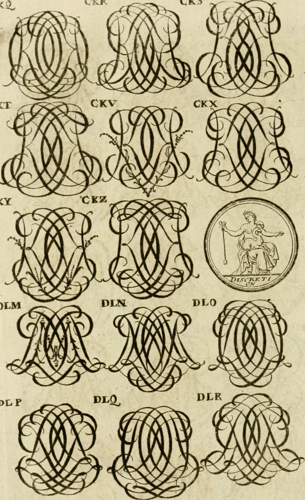 An illustration from Recueil d'emblêmes, devises, medailles, et figures hieroglyphiques, au nombre de plus de douze cent, avec leurs explications : accompagné de plus de deux mille chiffres fleuronnez simples, doubles & triples ... : cet ouvrage qui est enrichy de deux cens cinquante planches en taille-douce, est très-utile aux graveurs, peintres, sculpteurs, orfevres, brodeurs, serruriers & à tous ceux qui travaillent au dessein, 1724, leaf 261