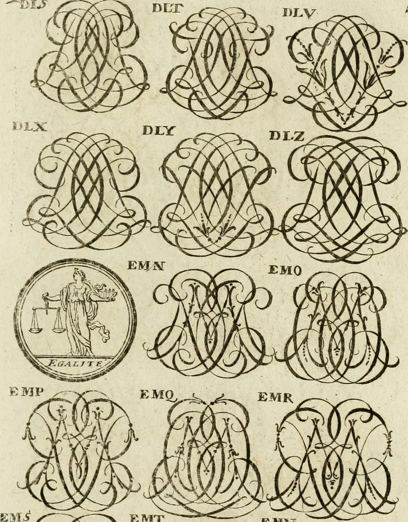 An illustration from Recueil d'emblêmes, devises, medailles, et figures hieroglyphiques, au nombre de plus de douze cent, avec leurs explications : accompagné de plus de deux mille chiffres fleuronnez simples, doubles & triples ... : cet ouvrage qui est enrichy de deux cens cinquante planches en taille-douce, est très-utile aux graveurs, peintres, sculpteurs, orfevres, brodeurs, serruriers & à tous ceux qui travaillent au dessein, 1724, leaf 262