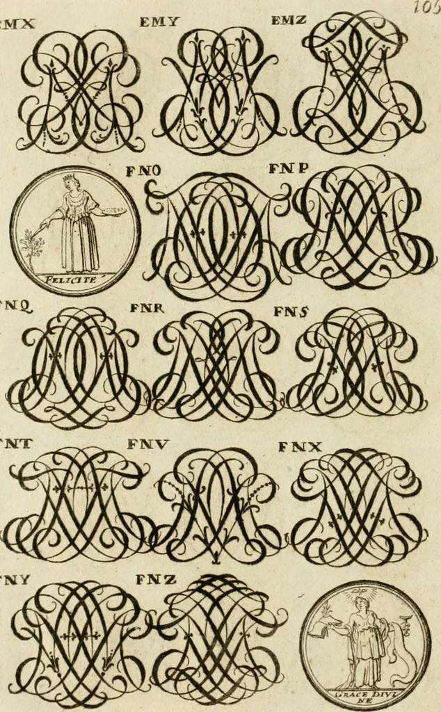 An illustration from Recueil d'emblêmes, devises, medailles, et figures hieroglyphiques, au nombre de plus de douze cent, avec leurs explications : accompagné de plus de deux mille chiffres fleuronnez simples, doubles & triples ... : cet ouvrage qui est enrichy de deux cens cinquante planches en taille-douce, est très-utile aux graveurs, peintres, sculpteurs, orfevres, brodeurs, serruriers & à tous ceux qui travaillent au dessein, 1724, leaf 263