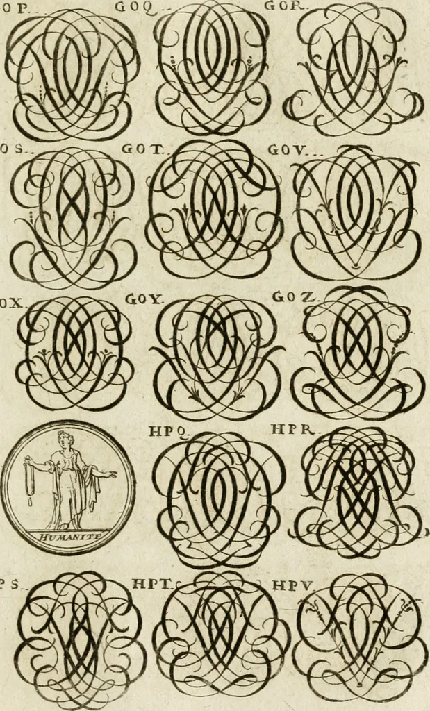 An illustration from Recueil d'emblêmes, devises, medailles, et figures hieroglyphiques, au nombre de plus de douze cent, avec leurs explications : accompagné de plus de deux mille chiffres fleuronnez simples, doubles & triples ... : cet ouvrage qui est enrichy de deux cens cinquante planches en taille-douce, est très-utile aux graveurs, peintres, sculpteurs, orfevres, brodeurs, serruriers & à tous ceux qui travaillent au dessein, 1724, leaf 264