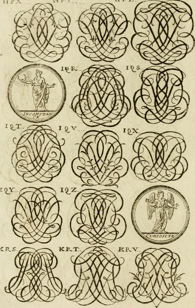 An illustration from Recueil d'emblêmes, devises, medailles, et figures hieroglyphiques, au nombre de plus de douze cent, avec leurs explications : accompagné de plus de deux mille chiffres fleuronnez simples, doubles & triples ... : cet ouvrage qui est enrichy de deux cens cinquante planches en taille-douce, est très-utile aux graveurs, peintres, sculpteurs, orfevres, brodeurs, serruriers & à tous ceux qui travaillent au dessein, 1724, leaf 265