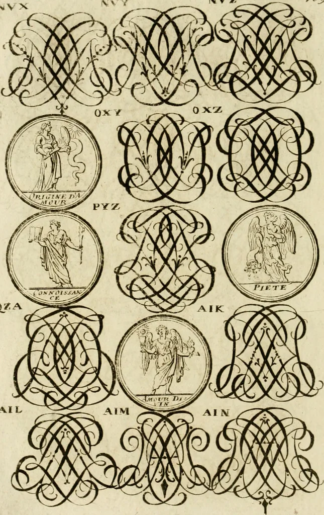 An illustration from Recueil d'emblêmes, devises, medailles, et figures hieroglyphiques, au nombre de plus de douze cent, avec leurs explications : accompagné de plus de deux mille chiffres fleuronnez simples, doubles & triples ... : cet ouvrage qui est enrichy de deux cens cinquante planches en taille-douce, est très-utile aux graveurs, peintres, sculpteurs, orfevres, brodeurs, serruriers & à tous ceux qui travaillent au dessein, 1724, leaf 267