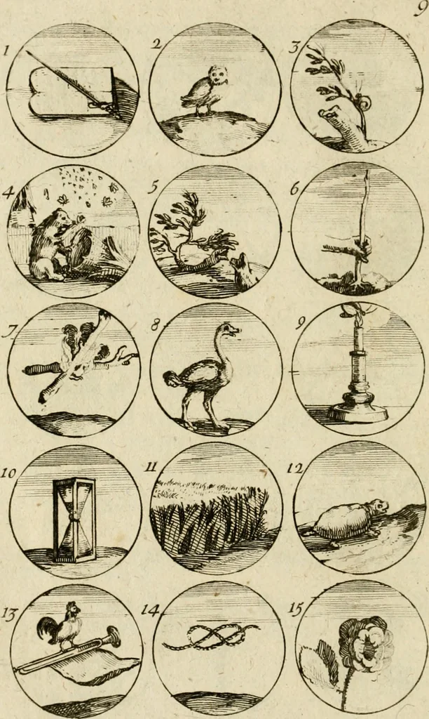 An illustration from Recueil d'emblêmes, devises, medailles, et figures hieroglyphiques, au nombre de plus de douze cent, avec leurs explications : accompagné de plus de deux mille chiffres fleuronnez simples, doubles & triples ... : cet ouvrage qui est enrichy de deux cens cinquante planches en taille-douce, est très-utile aux graveurs, peintres, sculpteurs, orfevres, brodeurs, serruriers & à tous ceux qui travaillent au dessein, 1724, leaf 27