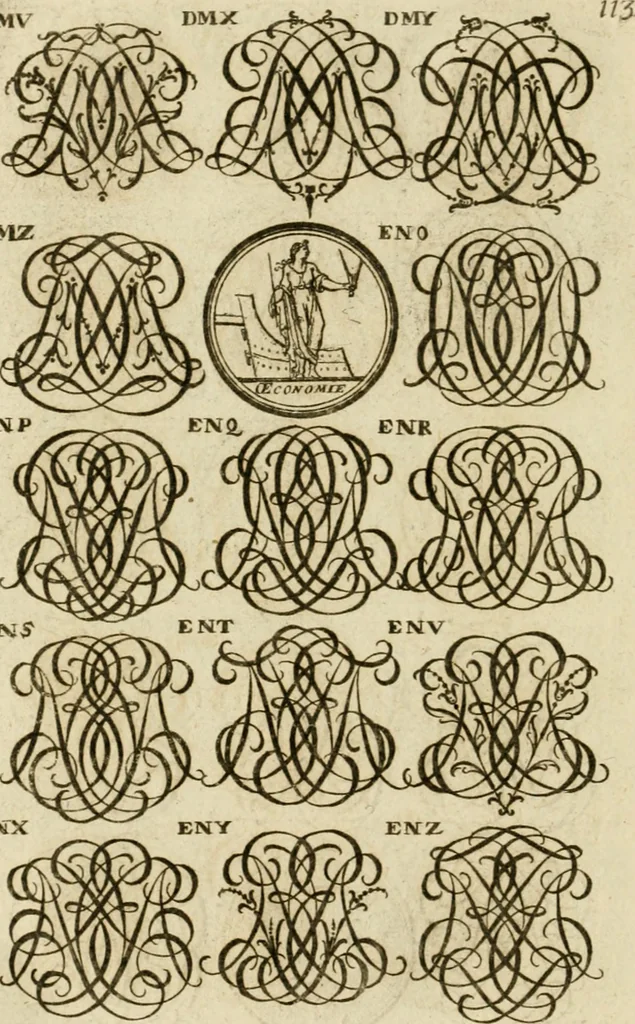 An illustration from Recueil d'emblêmes, devises, medailles, et figures hieroglyphiques, au nombre de plus de douze cent, avec leurs explications : accompagné de plus de deux mille chiffres fleuronnez simples, doubles & triples ... : cet ouvrage qui est enrichy de deux cens cinquante planches en taille-douce, est très-utile aux graveurs, peintres, sculpteurs, orfevres, brodeurs, serruriers & à tous ceux qui travaillent au dessein, 1724, leaf 271