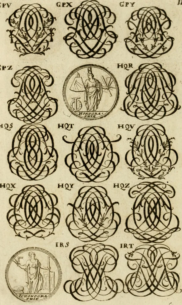 An illustration from Recueil d'emblêmes, devises, medailles, et figures hieroglyphiques, au nombre de plus de douze cent, avec leurs explications : accompagné de plus de deux mille chiffres fleuronnez simples, doubles & triples ... : cet ouvrage qui est enrichy de deux cens cinquante planches en taille-douce, est très-utile aux graveurs, peintres, sculpteurs, orfevres, brodeurs, serruriers & à tous ceux qui travaillent au dessein, 1724, leaf 273