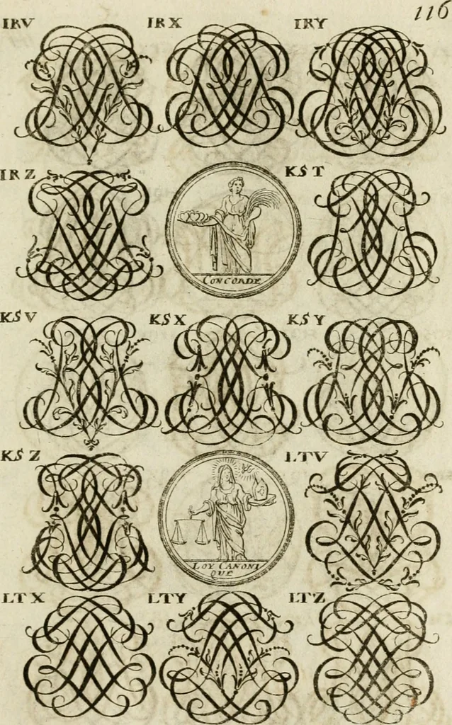 An illustration from Recueil d'emblêmes, devises, medailles, et figures hieroglyphiques, au nombre de plus de douze cent, avec leurs explications : accompagné de plus de deux mille chiffres fleuronnez simples, doubles & triples ... : cet ouvrage qui est enrichy de deux cens cinquante planches en taille-douce, est très-utile aux graveurs, peintres, sculpteurs, orfevres, brodeurs, serruriers & à tous ceux qui travaillent au dessein, 1724, leaf 274