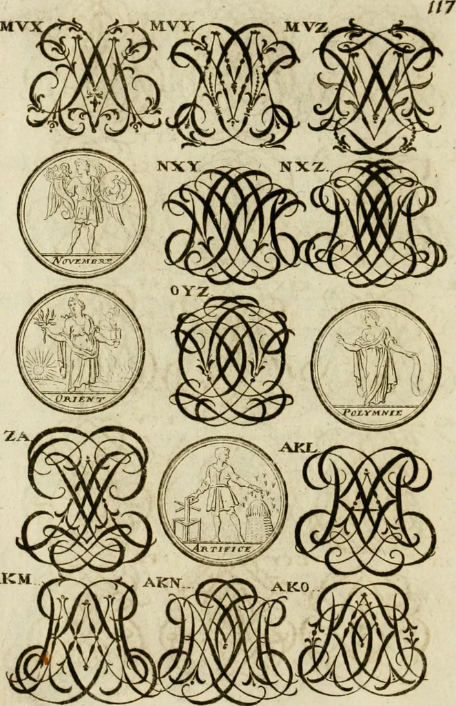 An illustration from Recueil d'emblêmes, devises, medailles, et figures hieroglyphiques, au nombre de plus de douze cent, avec leurs explications : accompagné de plus de deux mille chiffres fleuronnez simples, doubles & triples ... : cet ouvrage qui est enrichy de deux cens cinquante planches en taille-douce, est très-utile aux graveurs, peintres, sculpteurs, orfevres, brodeurs, serruriers & à tous ceux qui travaillent au dessein, 1724, leaf 275
