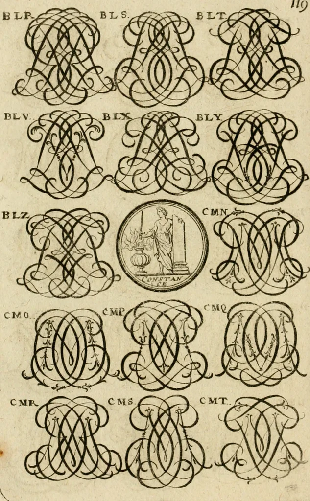 An illustration from Recueil d'emblêmes, devises, medailles, et figures hieroglyphiques, au nombre de plus de douze cent, avec leurs explications : accompagné de plus de deux mille chiffres fleuronnez simples, doubles & triples ... : cet ouvrage qui est enrichy de deux cens cinquante planches en taille-douce, est très-utile aux graveurs, peintres, sculpteurs, orfevres, brodeurs, serruriers & à tous ceux qui travaillent au dessein, 1724, leaf 277
