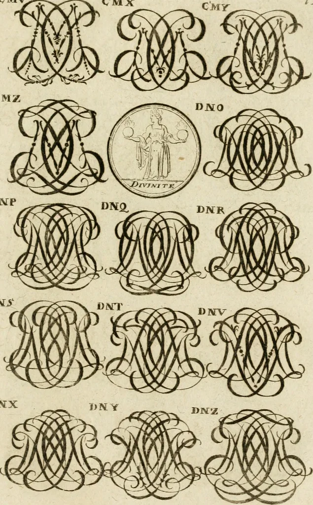 An illustration from Recueil d'emblêmes, devises, medailles, et figures hieroglyphiques, au nombre de plus de douze cent, avec leurs explications : accompagné de plus de deux mille chiffres fleuronnez simples, doubles & triples ... : cet ouvrage qui est enrichy de deux cens cinquante planches en taille-douce, est très-utile aux graveurs, peintres, sculpteurs, orfevres, brodeurs, serruriers & à tous ceux qui travaillent au dessein, 1724, leaf 278