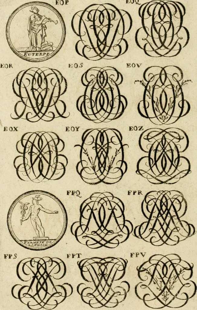 An illustration from Recueil d'emblêmes, devises, medailles, et figures hieroglyphiques, au nombre de plus de douze cent, avec leurs explications : accompagné de plus de deux mille chiffres fleuronnez simples, doubles & triples ... : cet ouvrage qui est enrichy de deux cens cinquante planches en taille-douce, est très-utile aux graveurs, peintres, sculpteurs, orfevres, brodeurs, serruriers & à tous ceux qui travaillent au dessein, 1724, leaf 279