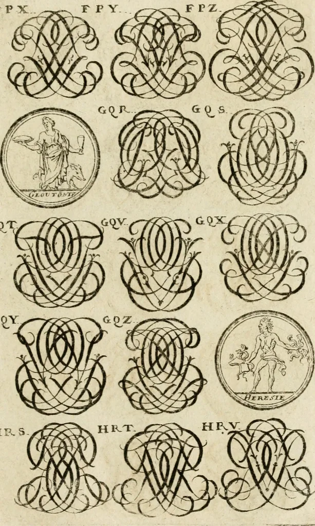 An illustration from Recueil d'emblêmes, devises, medailles, et figures hieroglyphiques, au nombre de plus de douze cent, avec leurs explications : accompagné de plus de deux mille chiffres fleuronnez simples, doubles & triples ... : cet ouvrage qui est enrichy de deux cens cinquante planches en taille-douce, est très-utile aux graveurs, peintres, sculpteurs, orfevres, brodeurs, serruriers & à tous ceux qui travaillent au dessein, 1724, leaf 280