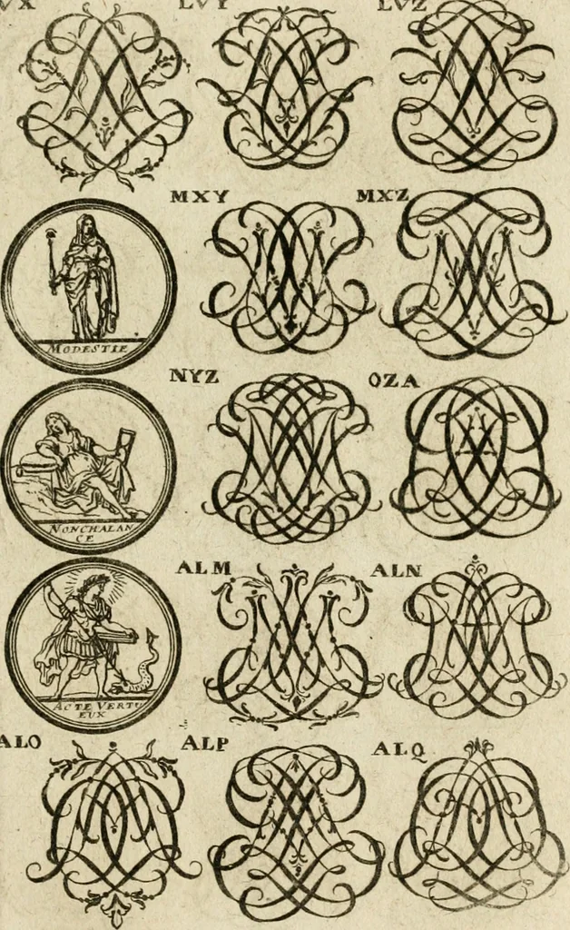 An illustration from Recueil d'emblêmes, devises, medailles, et figures hieroglyphiques, au nombre de plus de douze cent, avec leurs explications : accompagné de plus de deux mille chiffres fleuronnez simples, doubles & triples ... : cet ouvrage qui est enrichy de deux cens cinquante planches en taille-douce, est très-utile aux graveurs, peintres, sculpteurs, orfevres, brodeurs, serruriers & à tous ceux qui travaillent au dessein, 1724, leaf 282