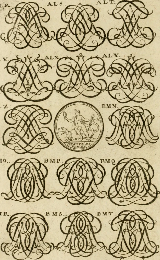 An illustration from Recueil d'emblêmes, devises, medailles, et figures hieroglyphiques, au nombre de plus de douze cent, avec leurs explications : accompagné de plus de deux mille chiffres fleuronnez simples, doubles & triples ... : cet ouvrage qui est enrichy de deux cens cinquante planches en taille-douce, est très-utile aux graveurs, peintres, sculpteurs, orfevres, brodeurs, serruriers & à tous ceux qui travaillent au dessein, 1724, leaf 283