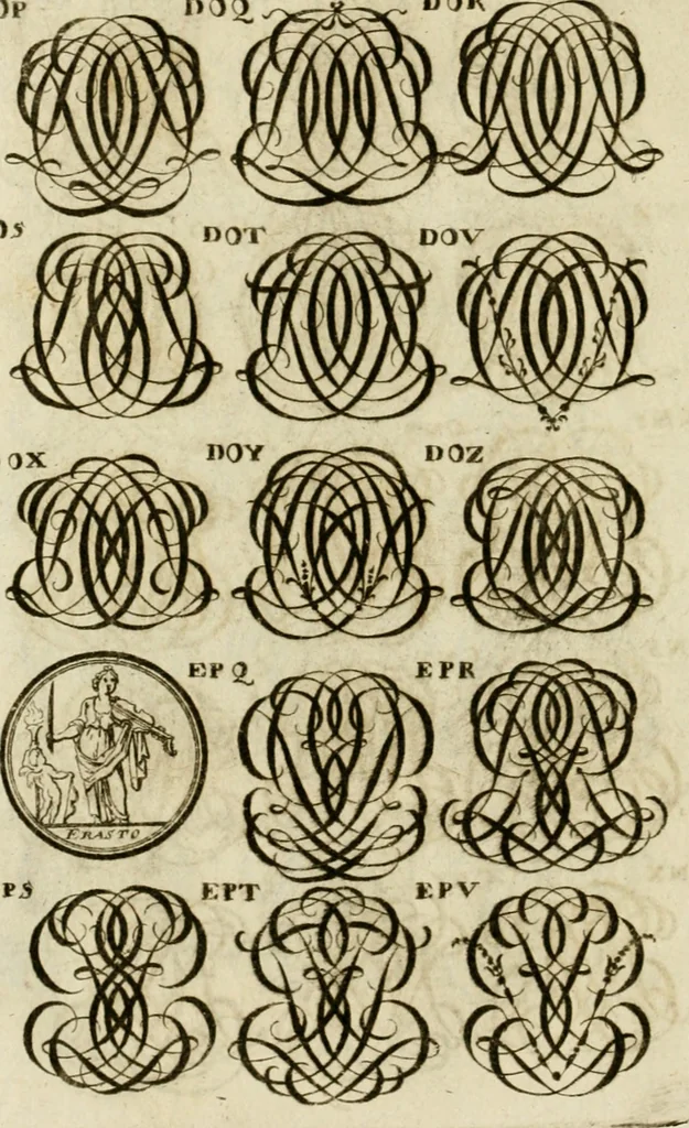 An illustration from Recueil d'emblêmes, devises, medailles, et figures hieroglyphiques, au nombre de plus de douze cent, avec leurs explications : accompagné de plus de deux mille chiffres fleuronnez simples, doubles & triples ... : cet ouvrage qui est enrichy de deux cens cinquante planches en taille-douce, est très-utile aux graveurs, peintres, sculpteurs, orfevres, brodeurs, serruriers & à tous ceux qui travaillent au dessein, 1724, leaf 285