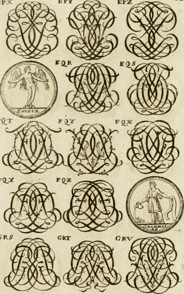 An illustration from Recueil d'emblêmes, devises, medailles, et figures hieroglyphiques, au nombre de plus de douze cent, avec leurs explications : accompagné de plus de deux mille chiffres fleuronnez simples, doubles & triples ... : cet ouvrage qui est enrichy de deux cens cinquante planches en taille-douce, est très-utile aux graveurs, peintres, sculpteurs, orfevres, brodeurs, serruriers & à tous ceux qui travaillent au dessein, 1724, leaf 286