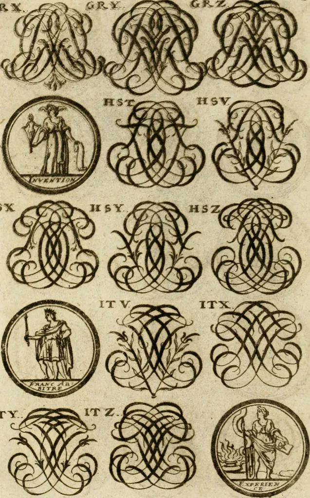 An illustration from Recueil d'emblêmes, devises, medailles, et figures hieroglyphiques, au nombre de plus de douze cent, avec leurs explications : accompagné de plus de deux mille chiffres fleuronnez simples, doubles & triples ... : cet ouvrage qui est enrichy de deux cens cinquante planches en taille-douce, est très-utile aux graveurs, peintres, sculpteurs, orfevres, brodeurs, serruriers & à tous ceux qui travaillent au dessein, 1724, leaf 287