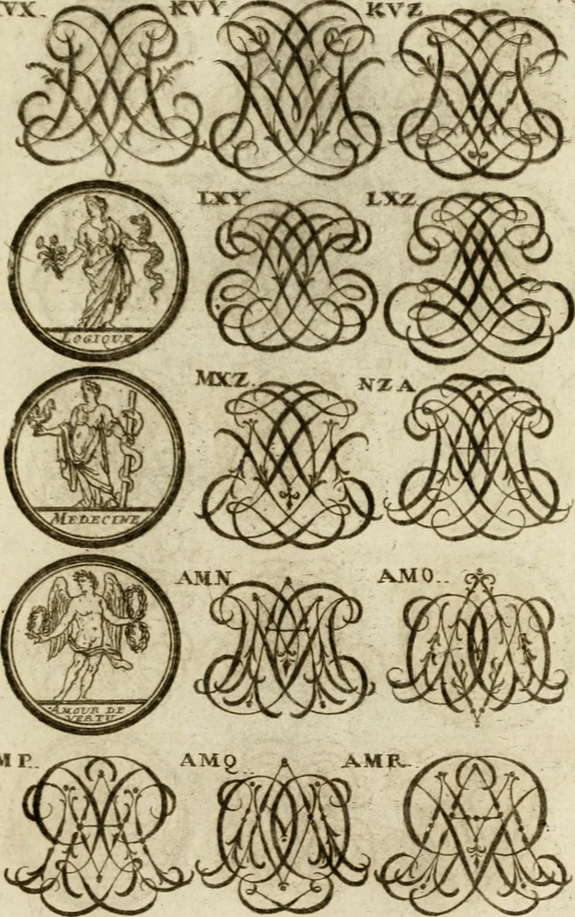 An illustration from Recueil d'emblêmes, devises, medailles, et figures hieroglyphiques, au nombre de plus de douze cent, avec leurs explications : accompagné de plus de deux mille chiffres fleuronnez simples, doubles & triples ... : cet ouvrage qui est enrichy de deux cens cinquante planches en taille-douce, est très-utile aux graveurs, peintres, sculpteurs, orfevres, brodeurs, serruriers & à tous ceux qui travaillent au dessein, 1724, leaf 288