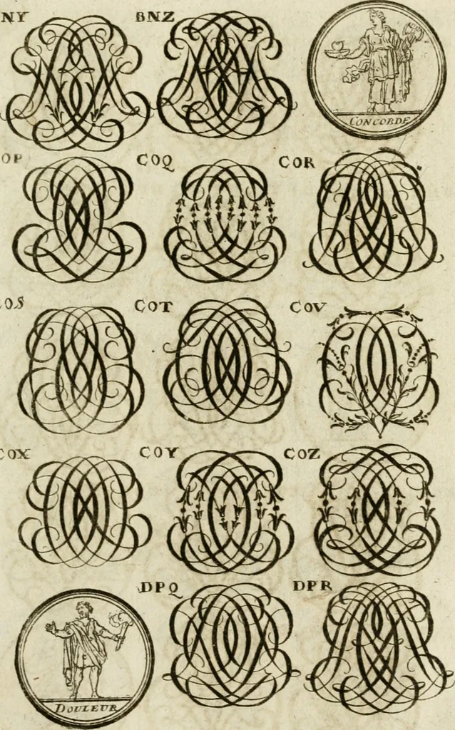 An illustration from Recueil d'emblêmes, devises, medailles, et figures hieroglyphiques, au nombre de plus de douze cent, avec leurs explications : accompagné de plus de deux mille chiffres fleuronnez simples, doubles & triples ... : cet ouvrage qui est enrichy de deux cens cinquante planches en taille-douce, est très-utile aux graveurs, peintres, sculpteurs, orfevres, brodeurs, serruriers & à tous ceux qui travaillent au dessein, 1724, leaf 290