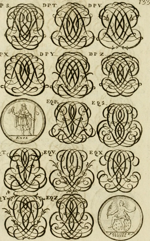 An illustration from Recueil d'emblêmes, devises, medailles, et figures hieroglyphiques, au nombre de plus de douze cent, avec leurs explications : accompagné de plus de deux mille chiffres fleuronnez simples, doubles & triples ... : cet ouvrage qui est enrichy de deux cens cinquante planches en taille-douce, est très-utile aux graveurs, peintres, sculpteurs, orfevres, brodeurs, serruriers & à tous ceux qui travaillent au dessein, 1724, leaf 291