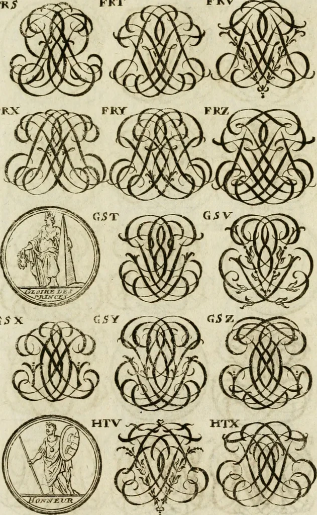 An illustration from Recueil d'emblêmes, devises, medailles, et figures hieroglyphiques, au nombre de plus de douze cent, avec leurs explications : accompagné de plus de deux mille chiffres fleuronnez simples, doubles & triples ... : cet ouvrage qui est enrichy de deux cens cinquante planches en taille-douce, est très-utile aux graveurs, peintres, sculpteurs, orfevres, brodeurs, serruriers & à tous ceux qui travaillent au dessein, 1724, leaf 292