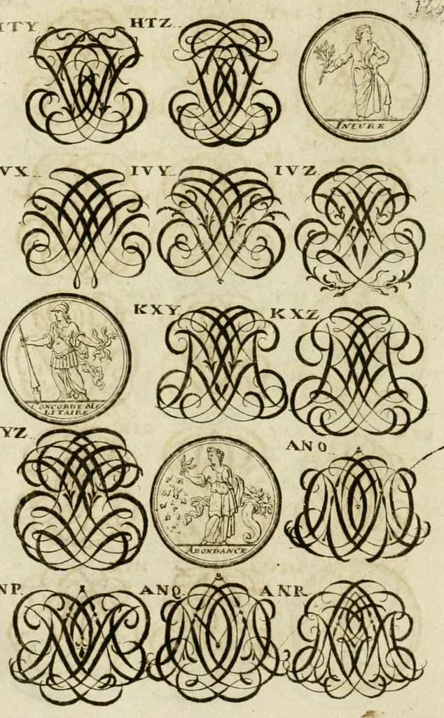 An illustration from Recueil d'emblêmes, devises, medailles, et figures hieroglyphiques, au nombre de plus de douze cent, avec leurs explications : accompagné de plus de deux mille chiffres fleuronnez simples, doubles & triples ... : cet ouvrage qui est enrichy de deux cens cinquante planches en taille-douce, est très-utile aux graveurs, peintres, sculpteurs, orfevres, brodeurs, serruriers & à tous ceux qui travaillent au dessein, 1724, leaf 293