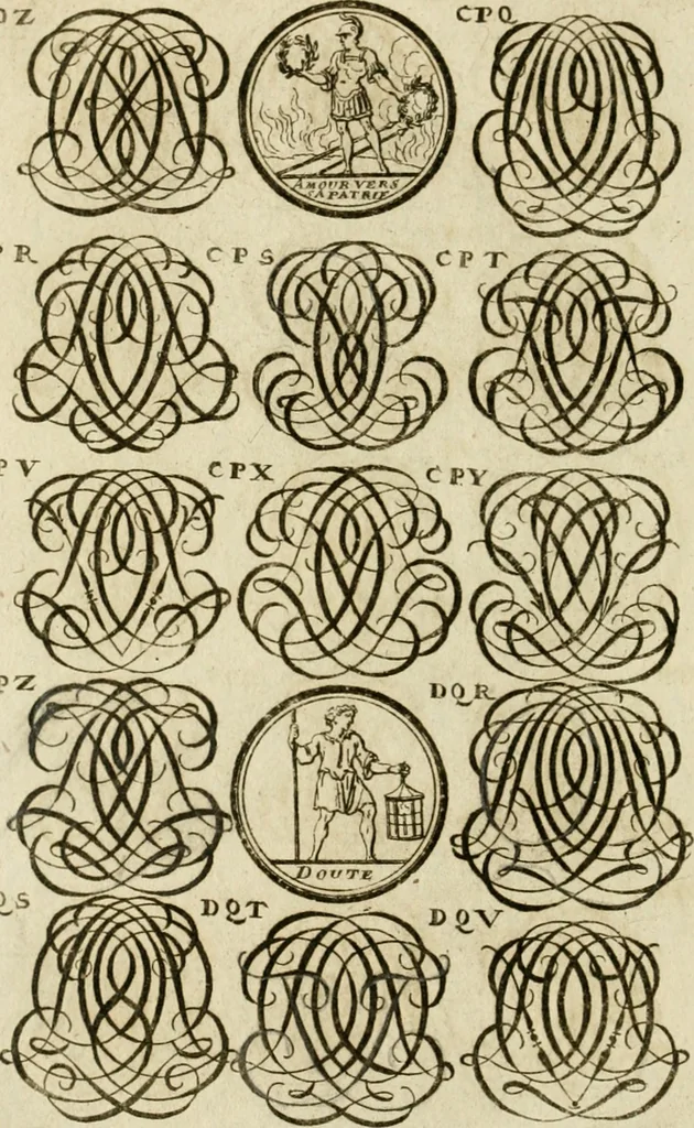 An illustration from Recueil d'emblêmes, devises, medailles, et figures hieroglyphiques, au nombre de plus de douze cent, avec leurs explications : accompagné de plus de deux mille chiffres fleuronnez simples, doubles & triples ... : cet ouvrage qui est enrichy de deux cens cinquante planches en taille-douce, est très-utile aux graveurs, peintres, sculpteurs, orfevres, brodeurs, serruriers & à tous ceux qui travaillent au dessein, 1724, leaf 295