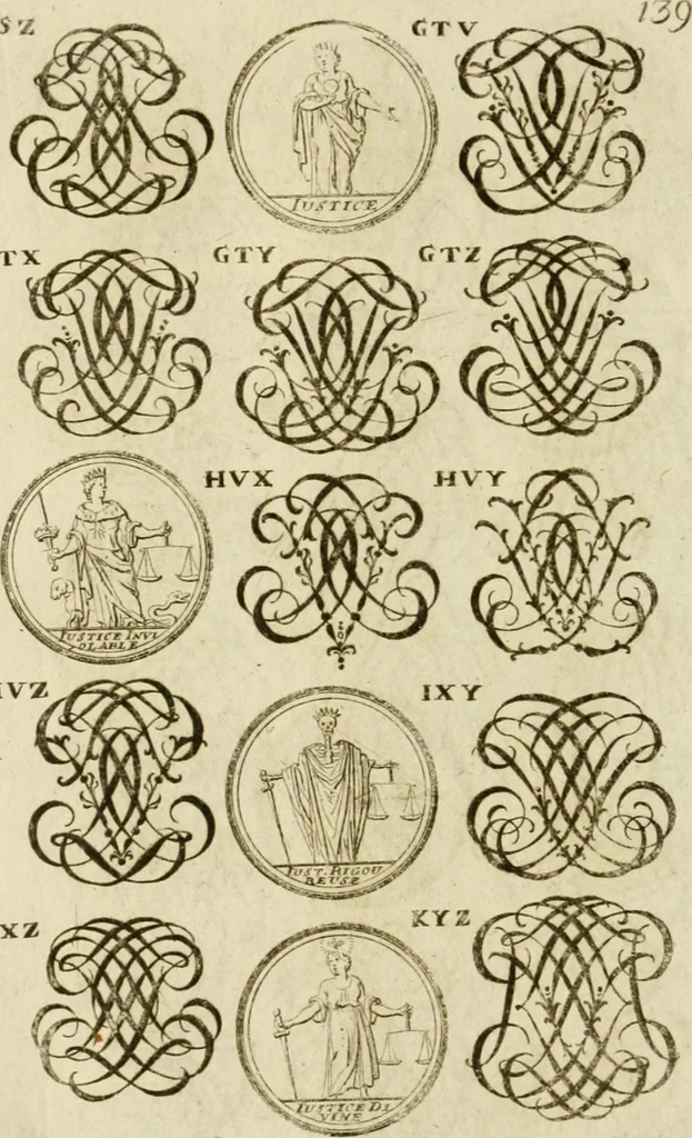 An illustration from Recueil d'emblêmes, devises, medailles, et figures hieroglyphiques, au nombre de plus de douze cent, avec leurs explications : accompagné de plus de deux mille chiffres fleuronnez simples, doubles & triples ... : cet ouvrage qui est enrichy de deux cens cinquante planches en taille-douce, est très-utile aux graveurs, peintres, sculpteurs, orfevres, brodeurs, serruriers & à tous ceux qui travaillent au dessein, 1724, leaf 297