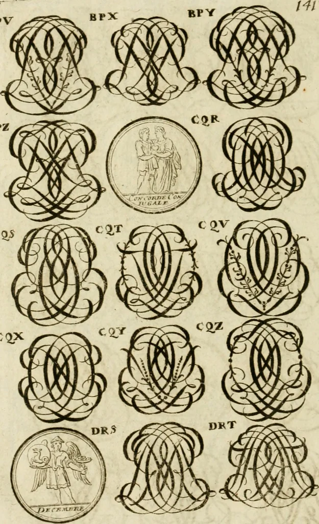 An illustration from Recueil d'emblêmes, devises, medailles, et figures hieroglyphiques, au nombre de plus de douze cent, avec leurs explications : accompagné de plus de deux mille chiffres fleuronnez simples, doubles & triples ... : cet ouvrage qui est enrichy de deux cens cinquante planches en taille-douce, est très-utile aux graveurs, peintres, sculpteurs, orfevres, brodeurs, serruriers & à tous ceux qui travaillent au dessein, 1724, leaf 299