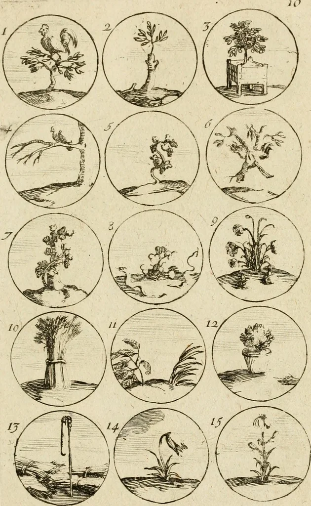 An illustration from Recueil d'emblêmes, devises, medailles, et figures hieroglyphiques, au nombre de plus de douze cent, avec leurs explications : accompagné de plus de deux mille chiffres fleuronnez simples, doubles & triples ... : cet ouvrage qui est enrichy de deux cens cinquante planches en taille-douce, est très-utile aux graveurs, peintres, sculpteurs, orfevres, brodeurs, serruriers & à tous ceux qui travaillent au dessein, 1724, leaf 30