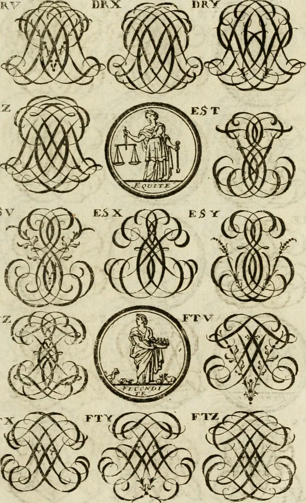 An illustration from Recueil d'emblêmes, devises, medailles, et figures hieroglyphiques, au nombre de plus de douze cent, avec leurs explications : accompagné de plus de deux mille chiffres fleuronnez simples, doubles & triples ... : cet ouvrage qui est enrichy de deux cens cinquante planches en taille-douce, est très-utile aux graveurs, peintres, sculpteurs, orfevres, brodeurs, serruriers & à tous ceux qui travaillent au dessein, 1724, leaf 300