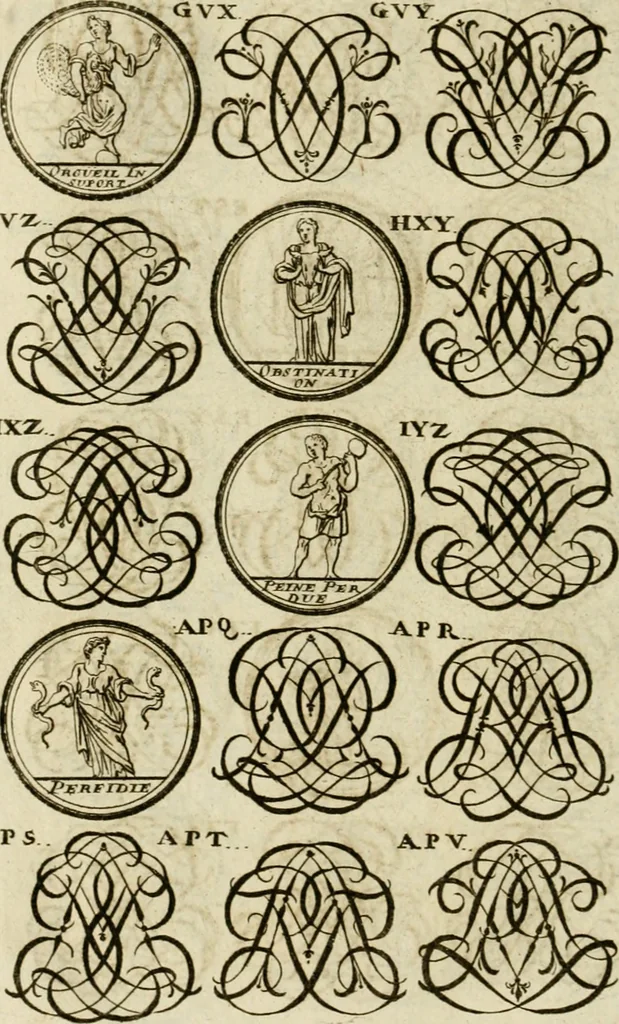 An illustration from Recueil d'emblêmes, devises, medailles, et figures hieroglyphiques, au nombre de plus de douze cent, avec leurs explications : accompagné de plus de deux mille chiffres fleuronnez simples, doubles & triples ... : cet ouvrage qui est enrichy de deux cens cinquante planches en taille-douce, est très-utile aux graveurs, peintres, sculpteurs, orfevres, brodeurs, serruriers & à tous ceux qui travaillent au dessein, 1724, leaf 301