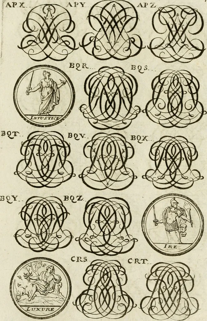 An illustration from Recueil d'emblêmes, devises, medailles, et figures hieroglyphiques, au nombre de plus de douze cent, avec leurs explications : accompagné de plus de deux mille chiffres fleuronnez simples, doubles & triples ... : cet ouvrage qui est enrichy de deux cens cinquante planches en taille-douce, est très-utile aux graveurs, peintres, sculpteurs, orfevres, brodeurs, serruriers & à tous ceux qui travaillent au dessein, 1724, leaf 302